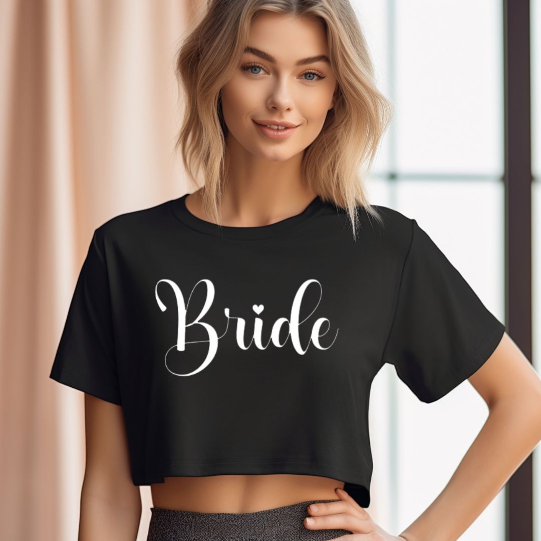 Bride/ Bridesmaid Heart Cursive Crop Top, T-Shirt, Bridal Party, Bridesmaid Tees, Wedding Tees