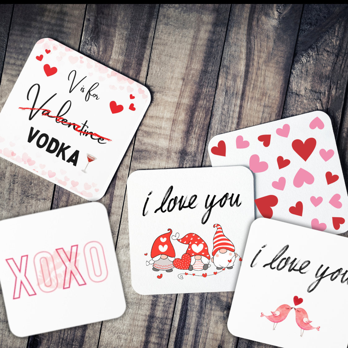 Valentine's Day Coasters, Valentine's Gnome Coaster, Love Heart Coaster, V is for... Vodka Coaster, Love Birds, XOXO Kisses, Funny Cute Gift