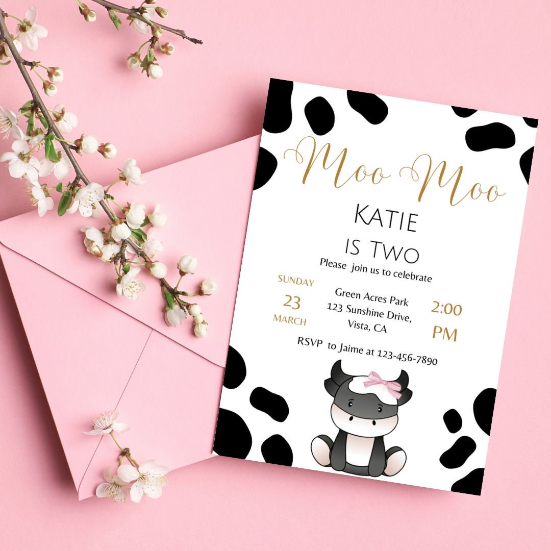 Moo Moo I'm turning Two Birthday Invite, Digital Download, Boy, Girl, Gender Neutral Party Invite, Personalized, customizable invitation