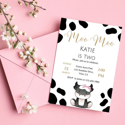 Moo Moo I'm turning Two Birthday Invite, Digital Download, Boy, Girl, Gender Neutral Party Invite, Personalized, customizable invitation