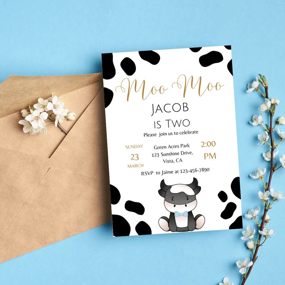 Moo Moo I'm turning Two Birthday Invite, Digital Download, Boy, Girl, Gender Neutral Party Invite, Personalized, customizable invitation