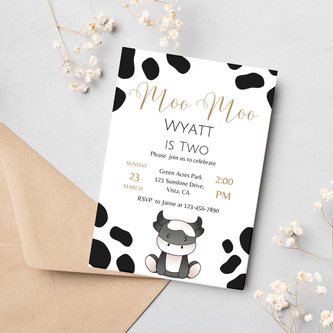 Moo Moo I'm turning Two Birthday Invite, Digital Download, Boy, Girl, Gender Neutral Party Invite, Personalized, customizable invitation